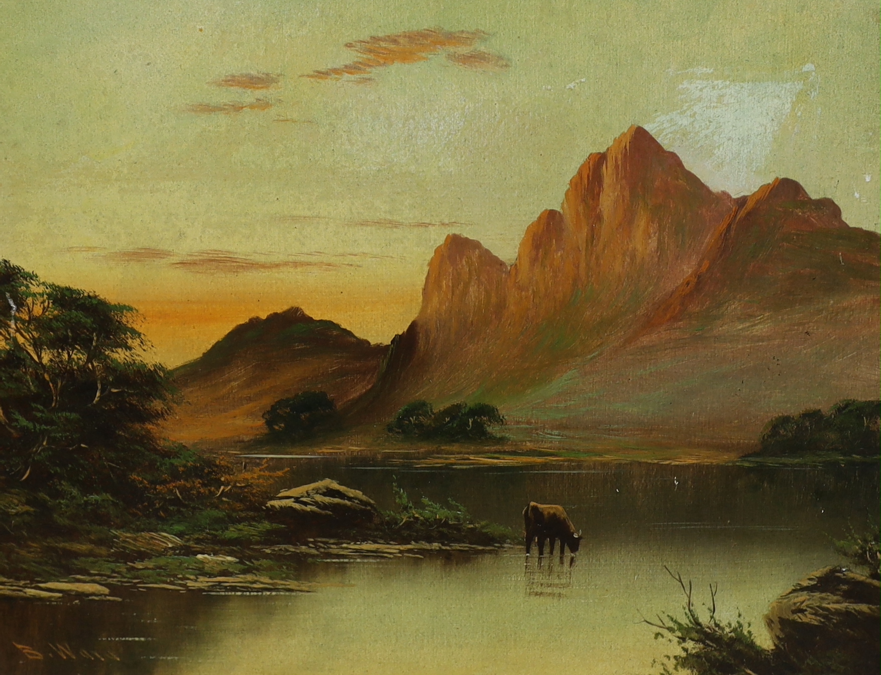 B Ward (19th/20th. C), pair of oils on board, Mountainous landscapes with highland cattle, each signed, 39 x 49cm